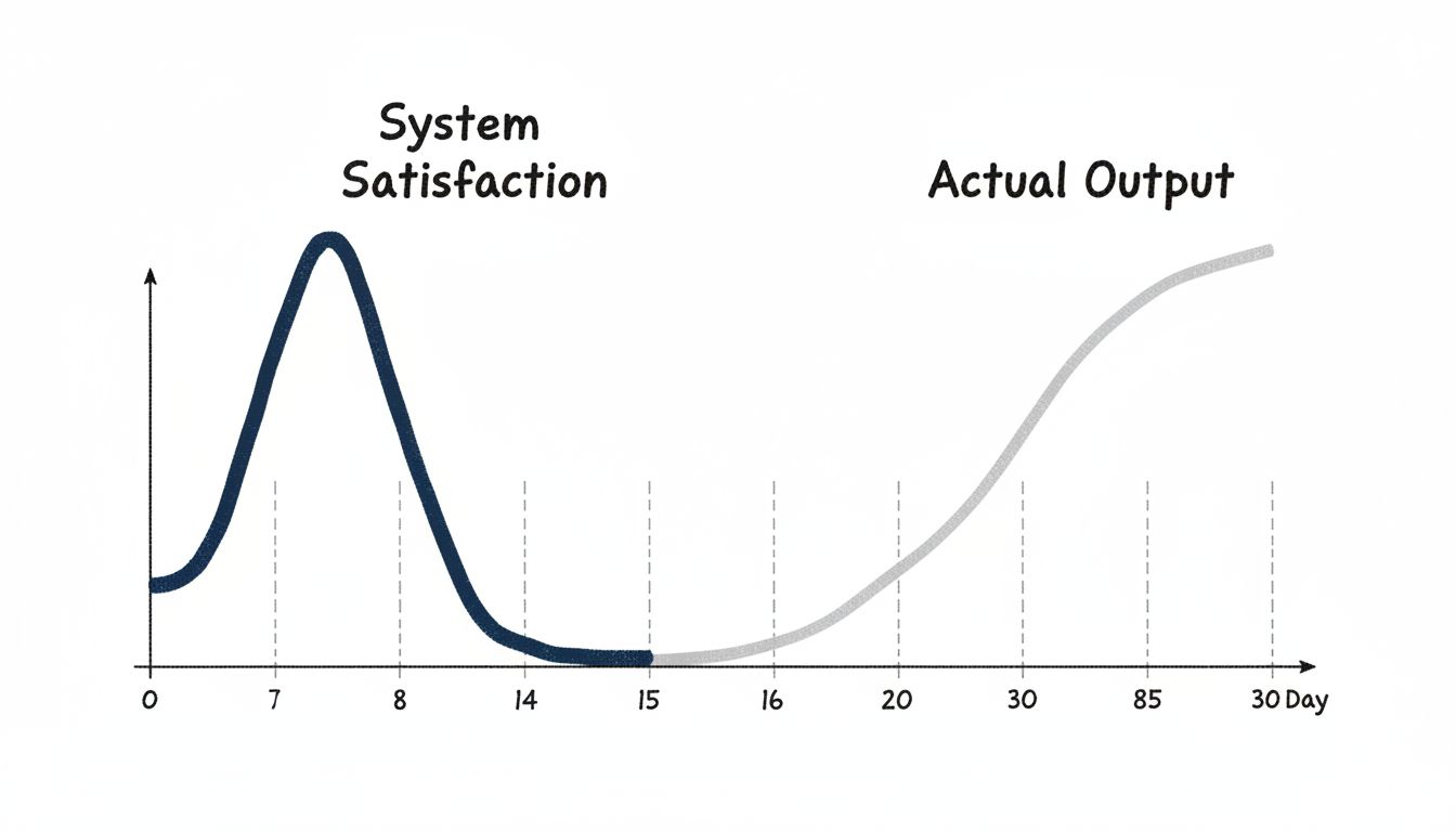Two diverging curves showing initial satisfaction with a productivity system versus actual output over 30 days