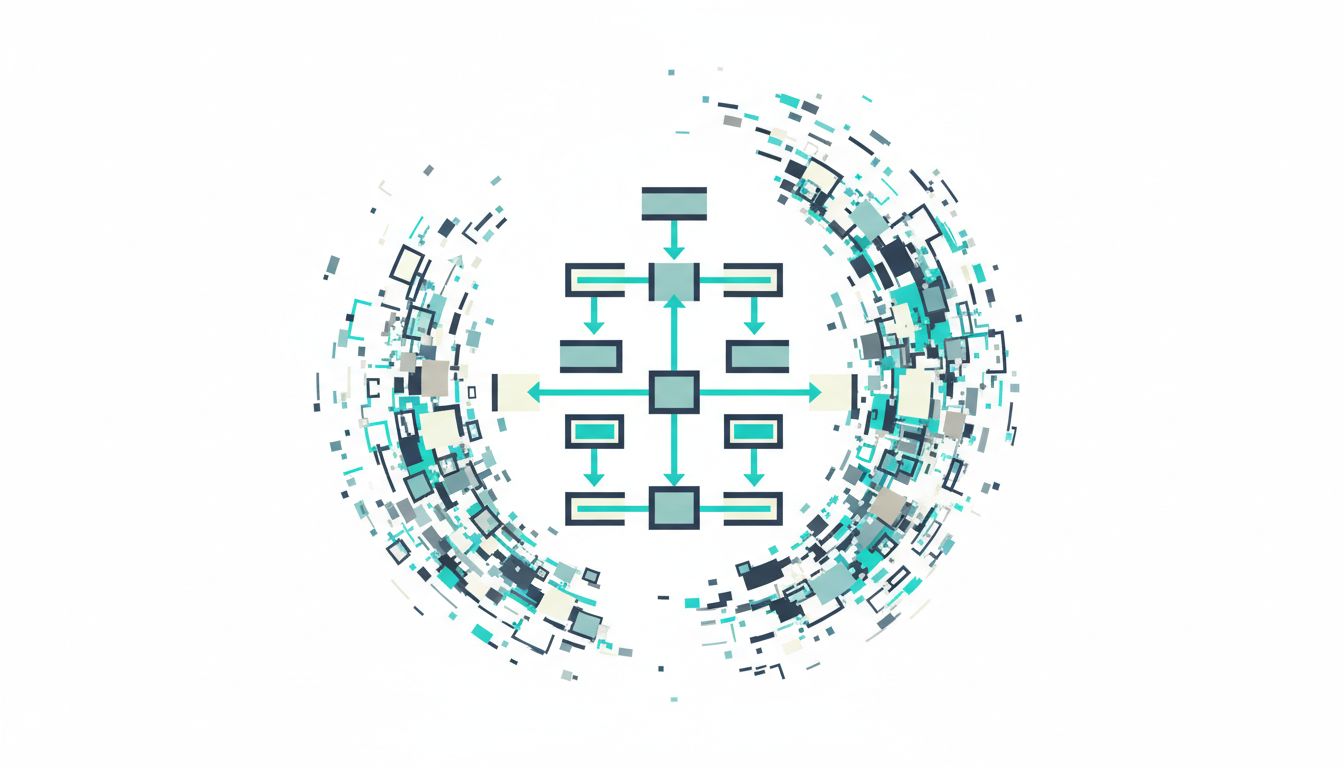 An orderly system of connected boxes and grids dissolving into disorder at its edges