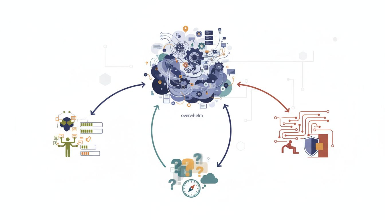 Three diverging paths representing the three core productivity problems: volume, clarity, and avoidance
