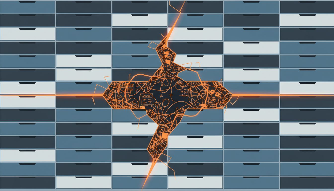 A perfectly organized system with a crack revealing chaos underneath