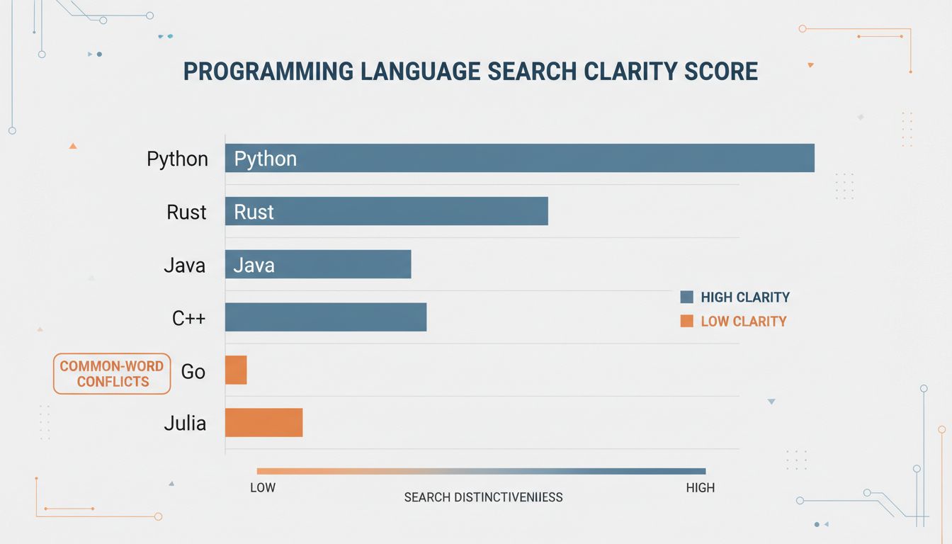 Bar chart showing search distinctiveness scores for popular programming language names