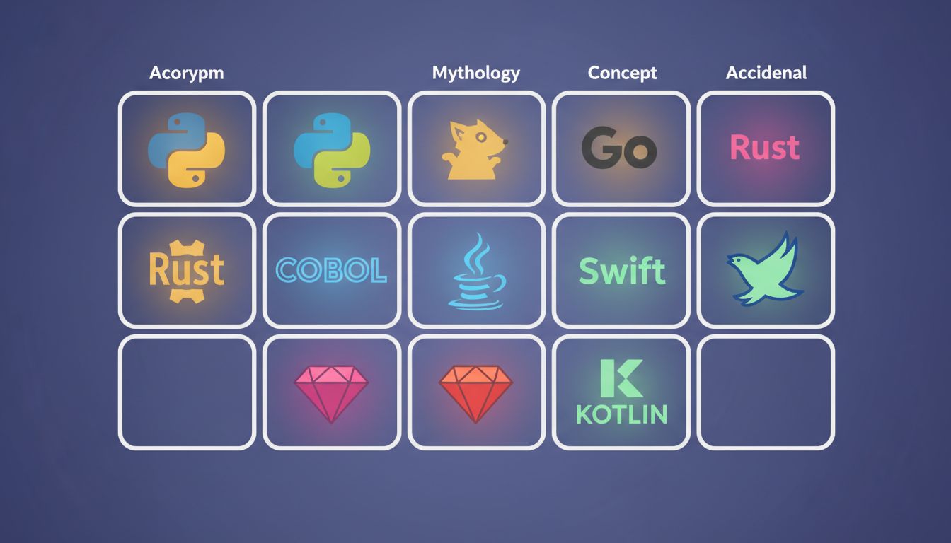 Programming language logos arranged by naming category like a periodic table