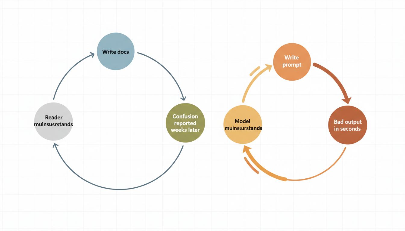 Diagram comparing the slow feedback loop of documentation to the fast feedback loop of prompt iteration