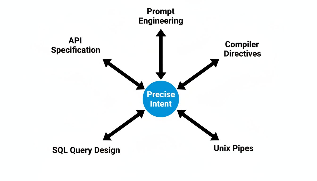 Diagram showing multiple engineering disciplines converging on the common goal of specifying precise intent