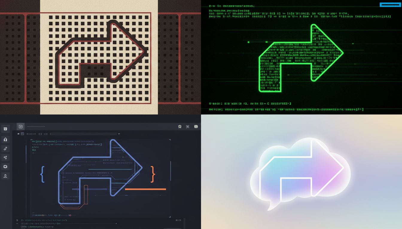 Four visual representations of the same instruction-to-output pattern across different computing eras