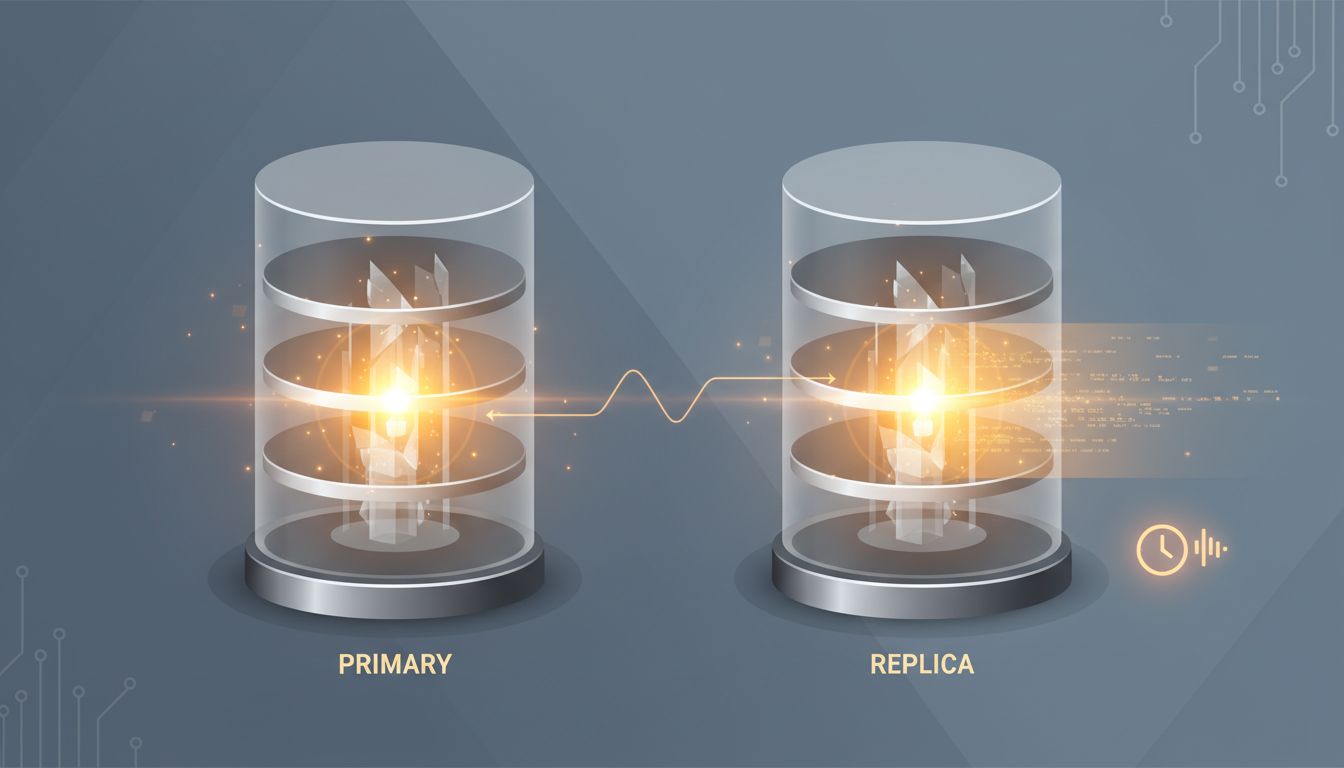 Illustration of a primary database and a read replica, with the replica showing a subtle delay behind the original