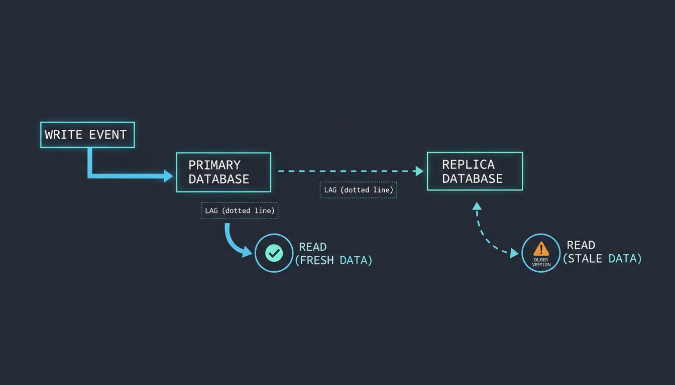 Diagram showing how reads routed to a replica can return stale data after a write to the primary