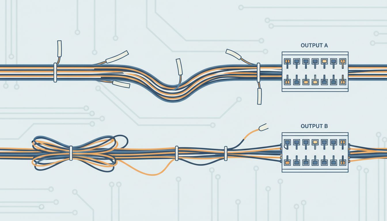 Illustration of neatly bundled wires connected to the wrong terminals, contrasted with messier but correctly connected wiring