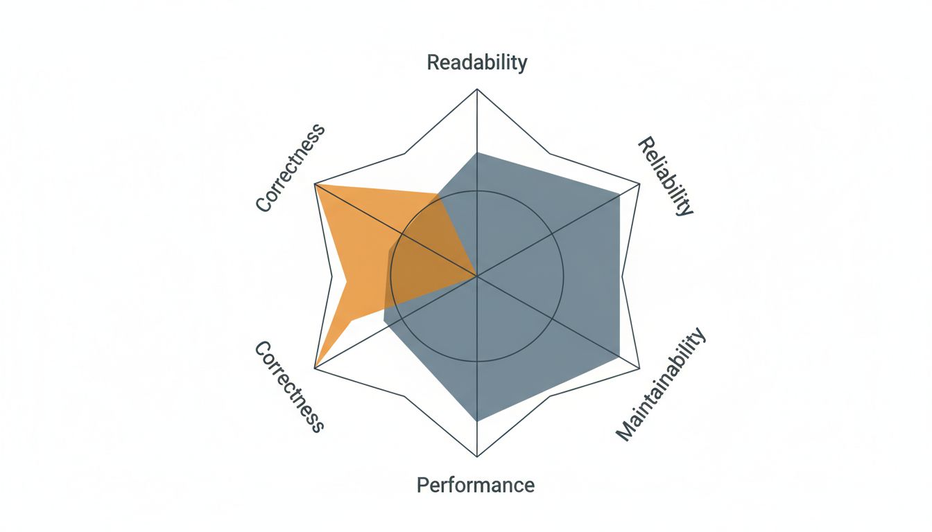 Radar chart comparing a readability-heavy codebase against a balanced one across five quality dimensions