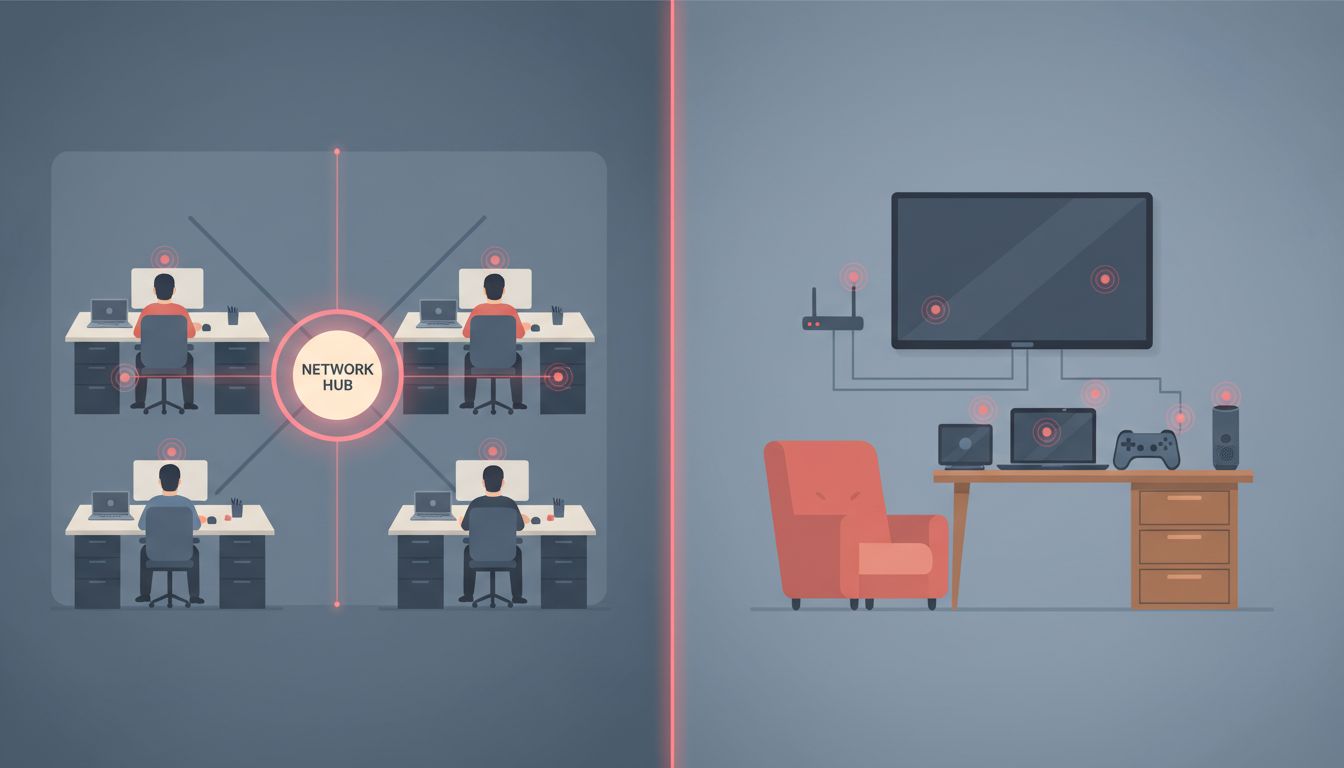 Split illustration comparing a controlled corporate network environment to a home workspace filled with multiple connected consumer devices