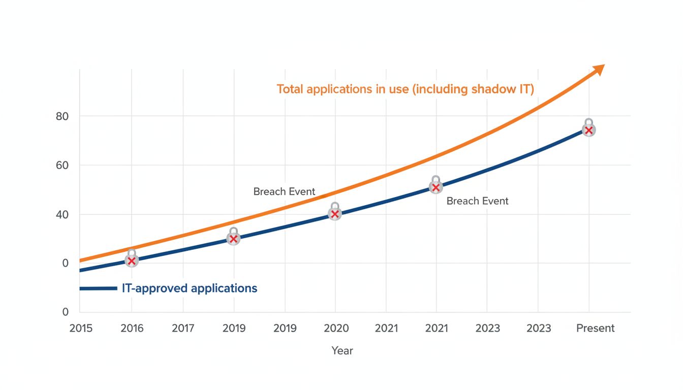 Data visualization showing the divergence between IT-approved software and total shadow IT application usage per employee from 2015 to present