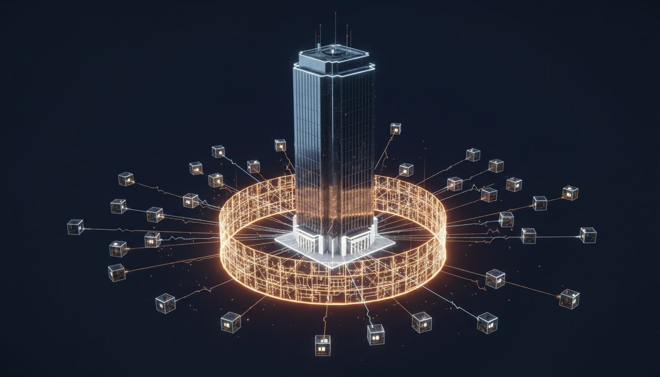 Illustration showing a corporate office surrounded by a digital security perimeter, with remote home offices connected by fragile data threads