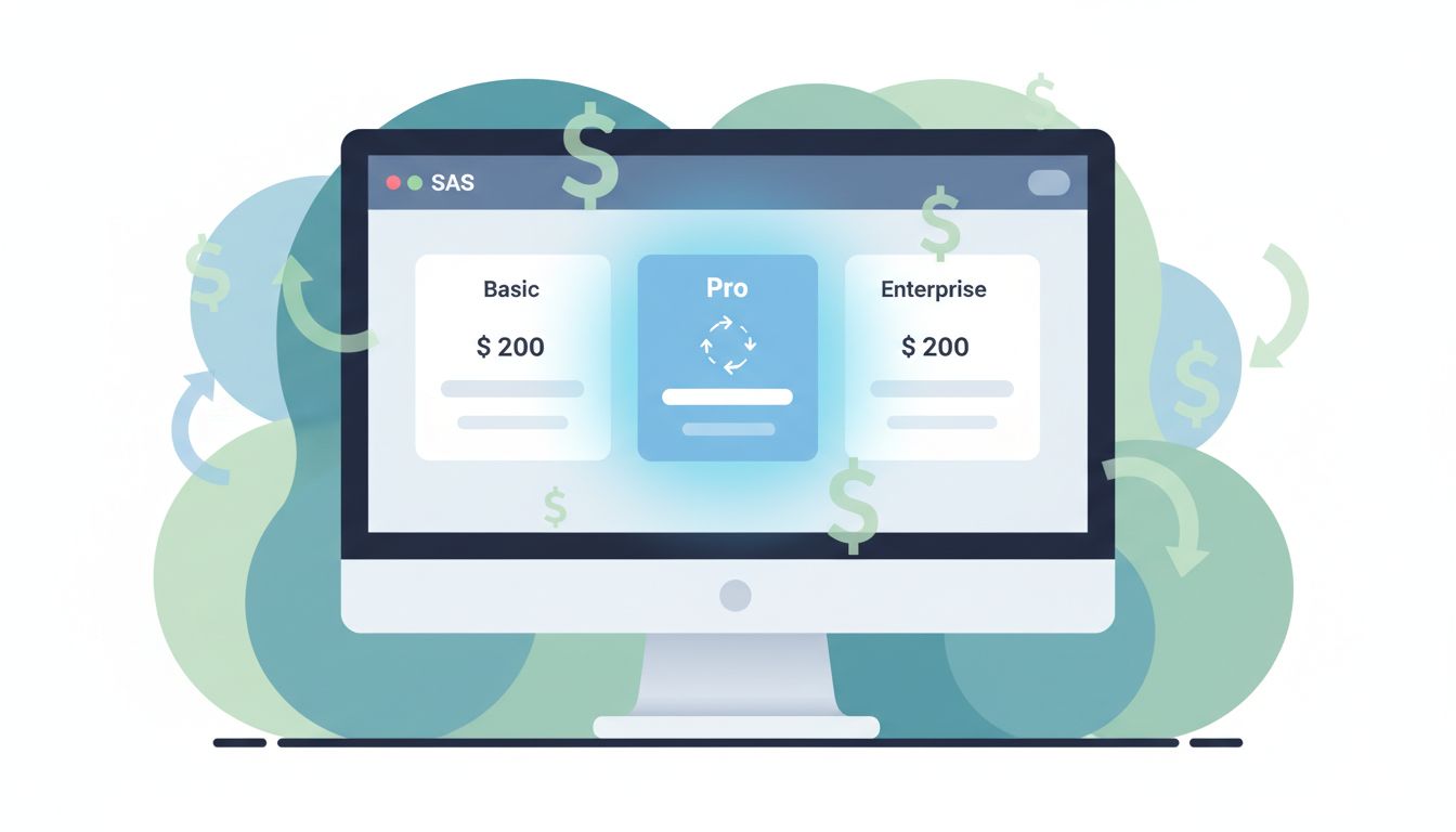 SaaS pricing page with three tiers, middle tier highlighted, showing the classic pricing strategy structure