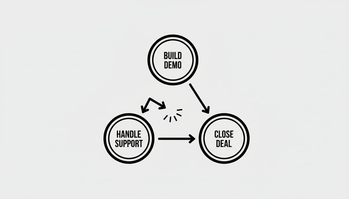A three-node cycle diagram showing a broken feedback loop between software demos and production support