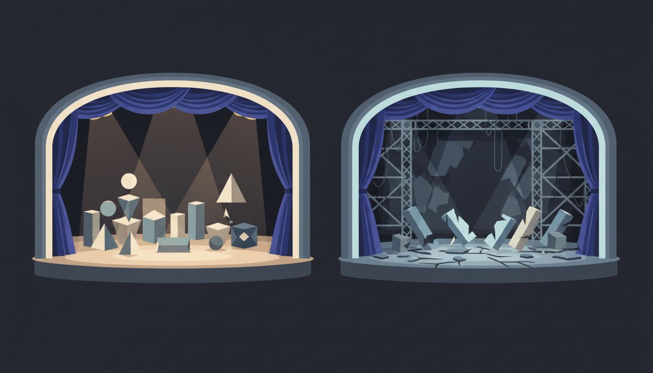 Two theater stages side by side: one pristine and lit for performance, the other showing the same scene in disrepair with scaffolding exposed