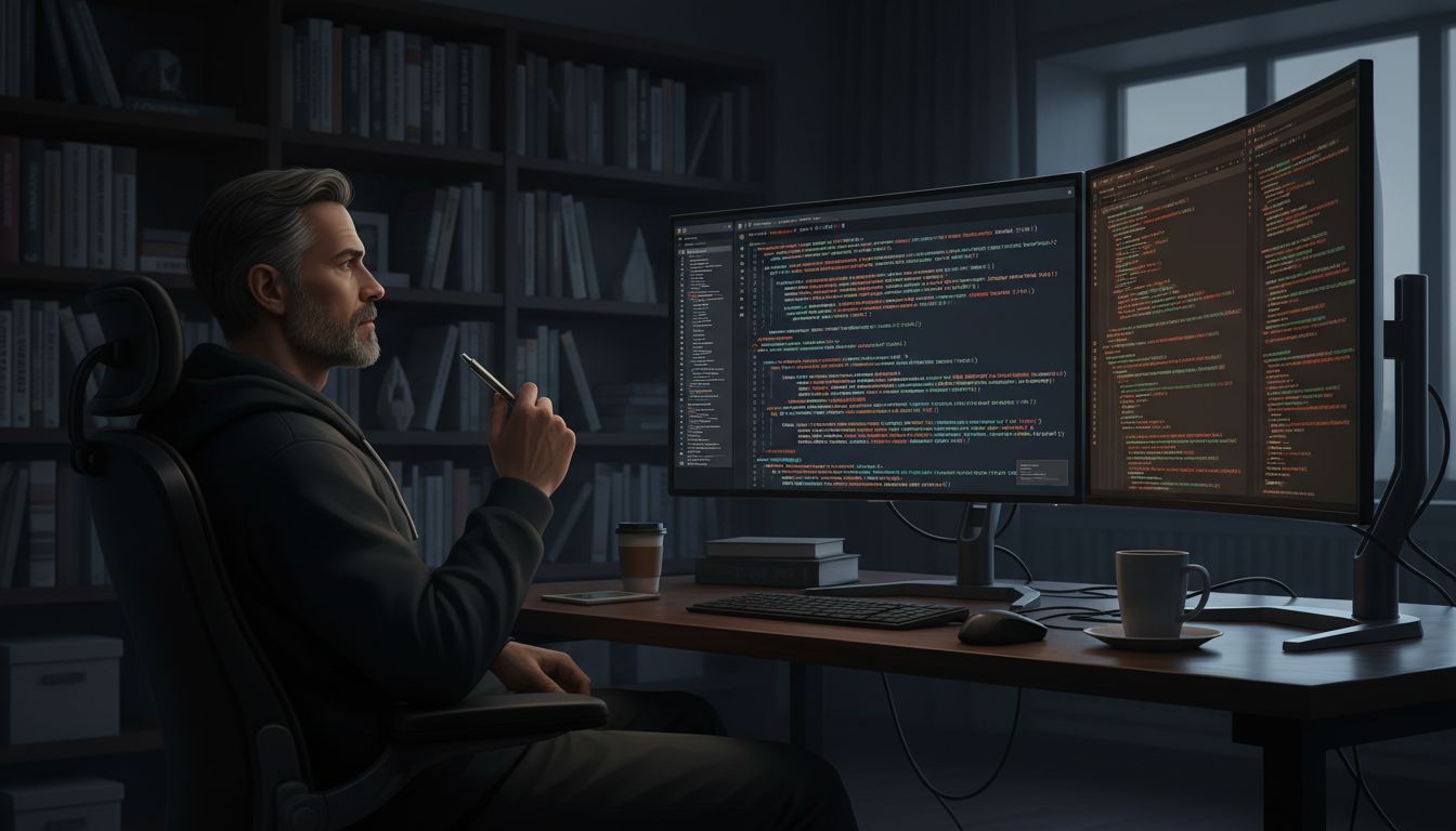 Senior developer reviewing defensive code patterns on multiple monitors in a thoughtful, dimly lit workspace