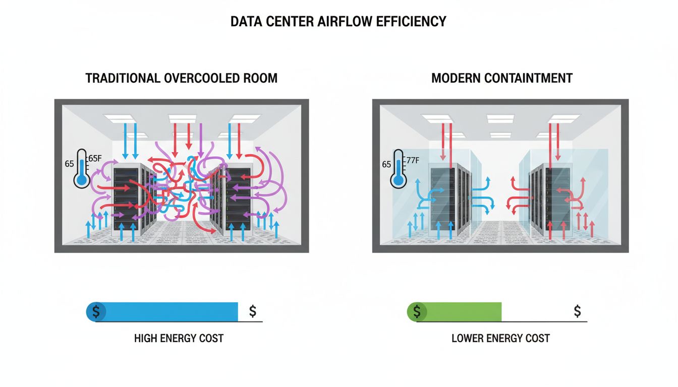 Diagram comparing traditional overcooled data center airflow versus modern hot and cold aisle containment architecture