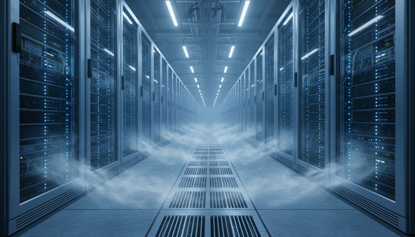 Rows of illuminated server racks inside a large cold data center facility