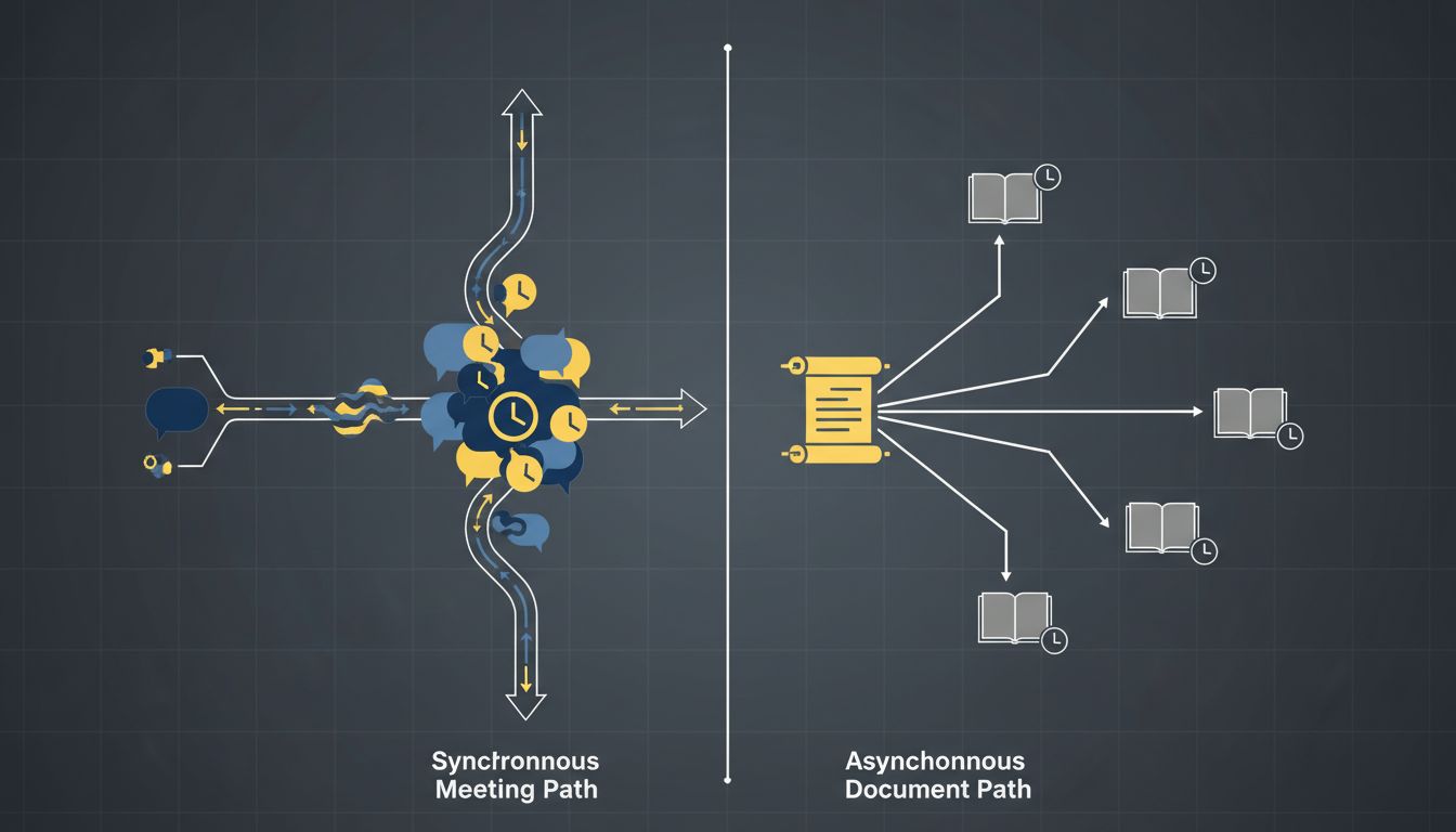 A diagram contrasting synchronous meeting information flow with asynchronous document distribution
