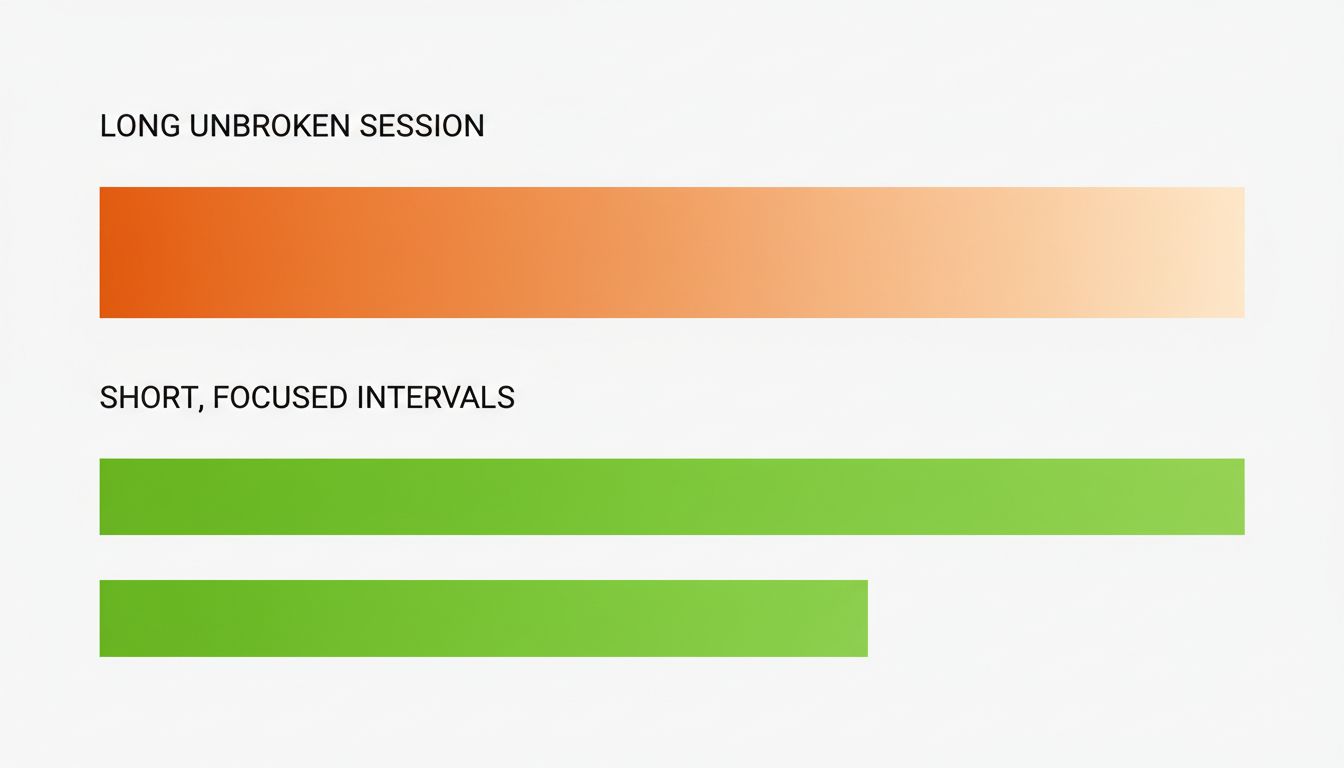 Diagram comparing a long degrading attention session versus three short high-intensity work bursts separated by breaks