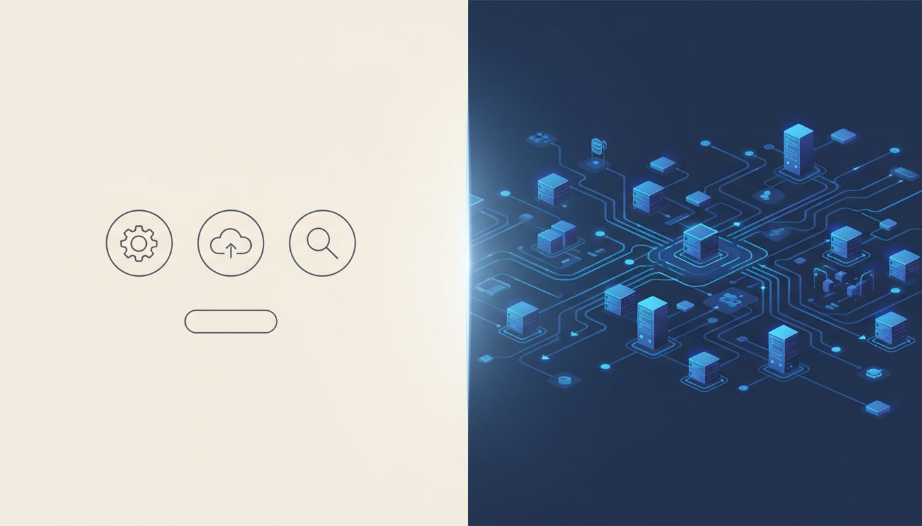 Split screen showing simple app interface on the left and complex backend infrastructure on the right