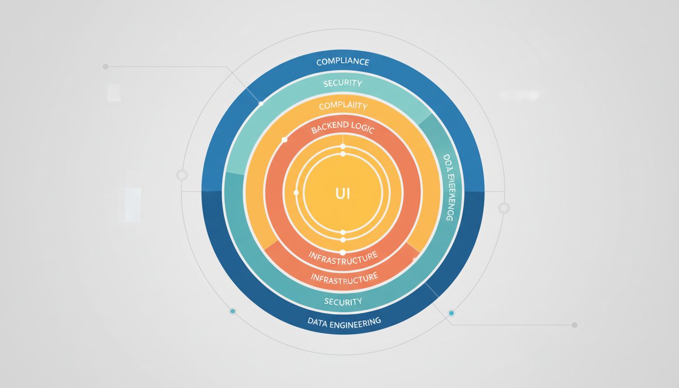 Concentric circle diagram showing app layers from visible UI at center to compliance and infrastructure at the outer edges