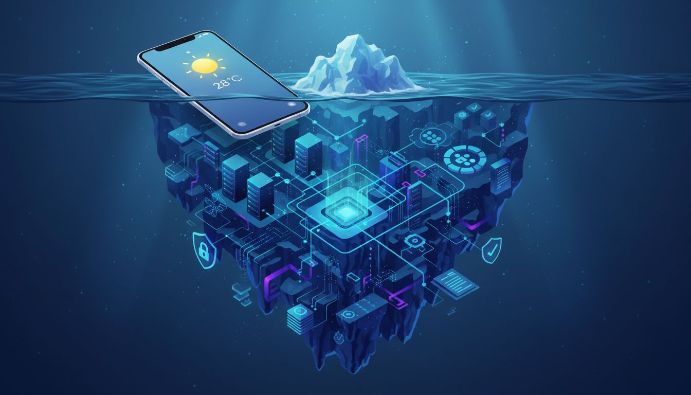 An iceberg metaphor showing a simple app interface above water and massive technical infrastructure below