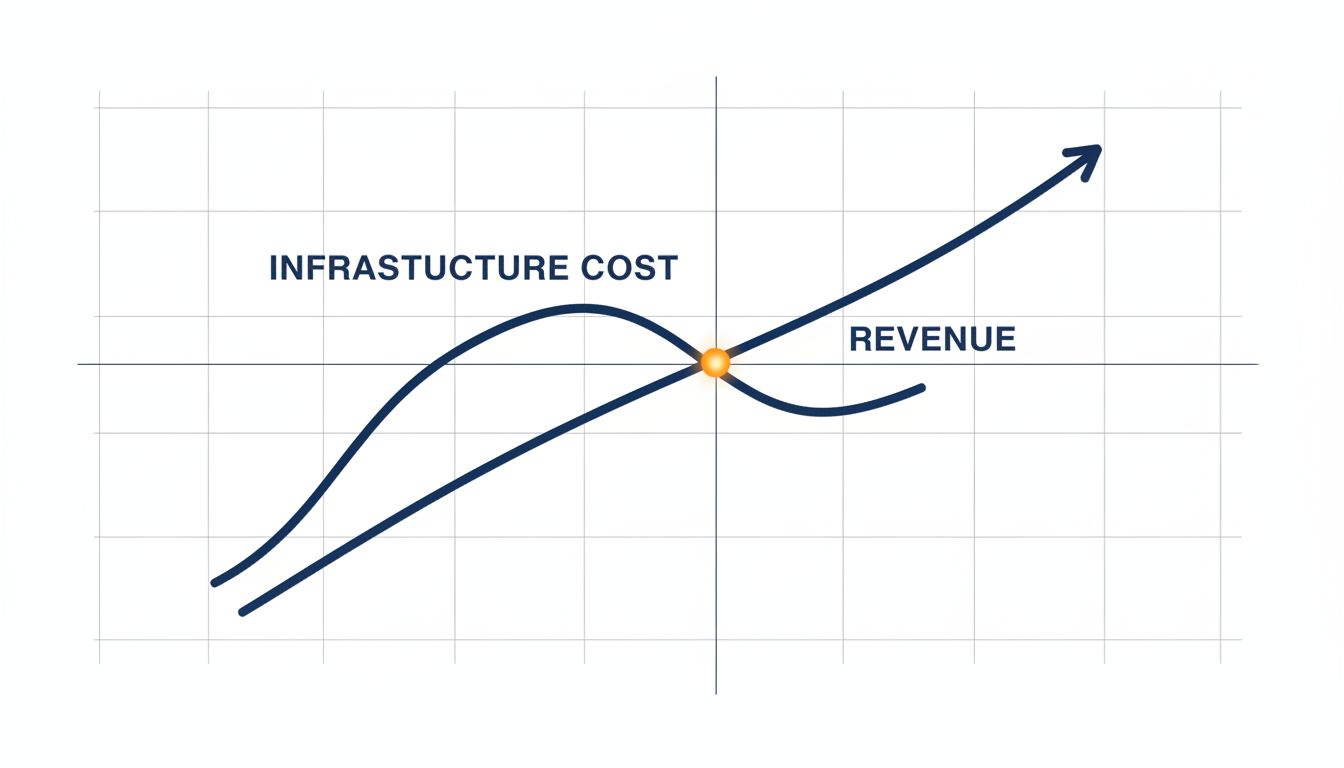 Diagram showing infrastructure costs rising ahead of revenue, with the two curves eventually crossing