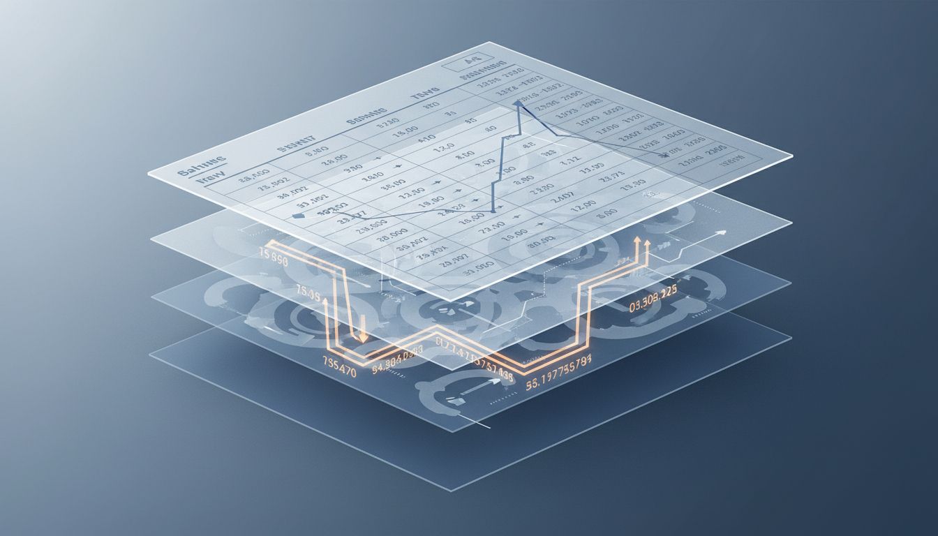 Abstract illustration of financial statements with hidden layers beneath visible numbers