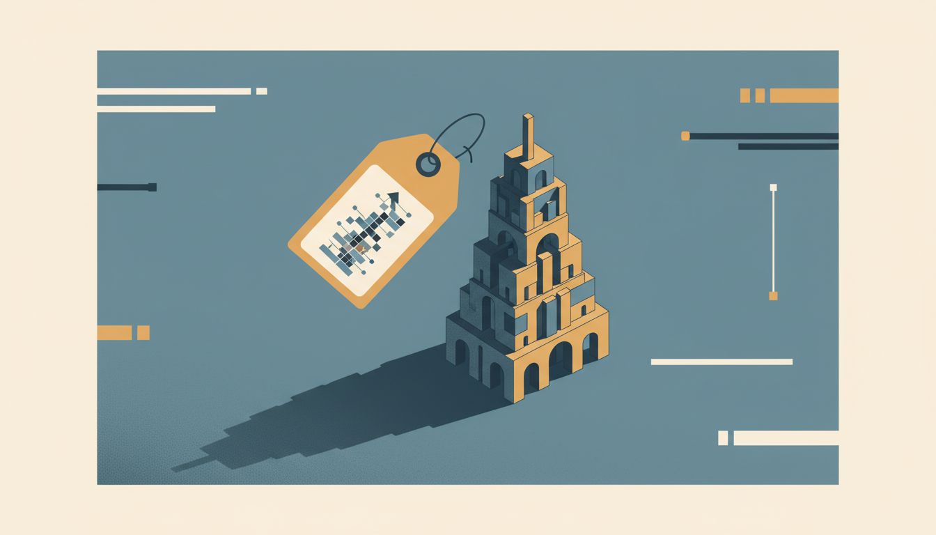 Abstract illustration of a price tag whose shadow forms the shape of a stable building, suggesting that higher prices signal reliability