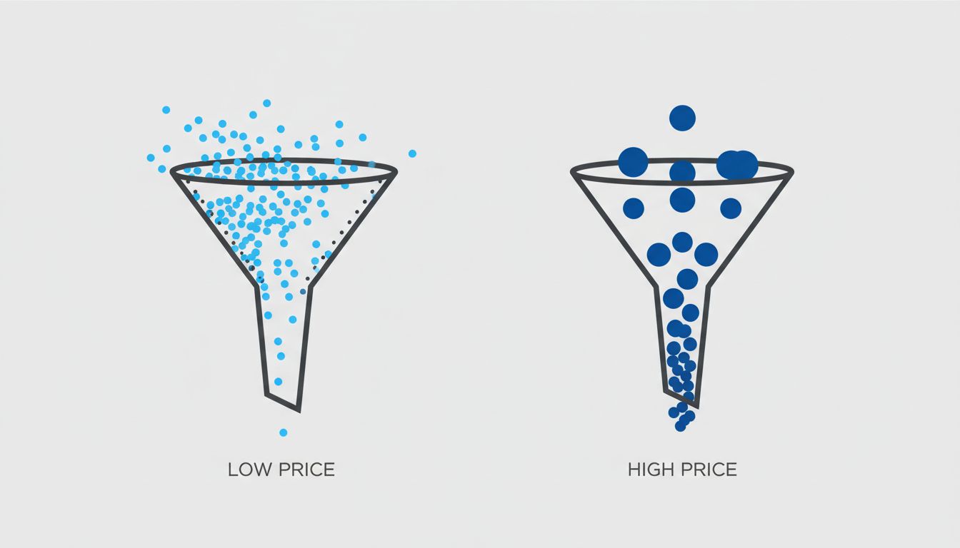 Two funnel diagrams comparing low-price and high-price buyer filtering, showing that the high-price funnel loses fewer buyers after initial entry