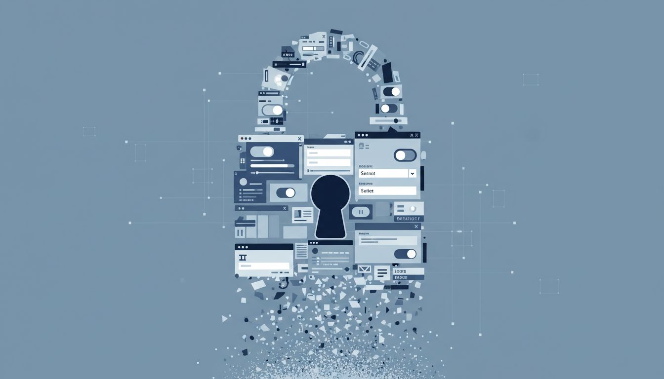 A padlock made of software interface fragments crumbling apart
