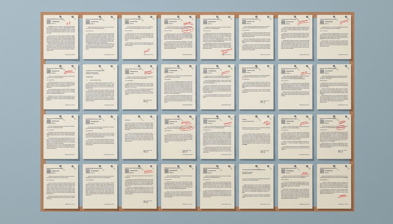 A collection of rejection letters arranged and annotated like scientific specimens