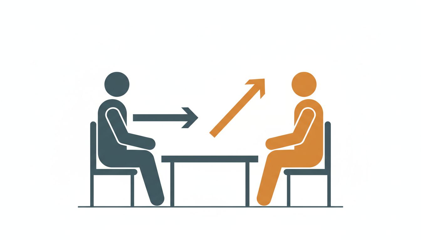 Two geometric figures across a table with arrows pointing in slightly different directions, suggesting productive tension