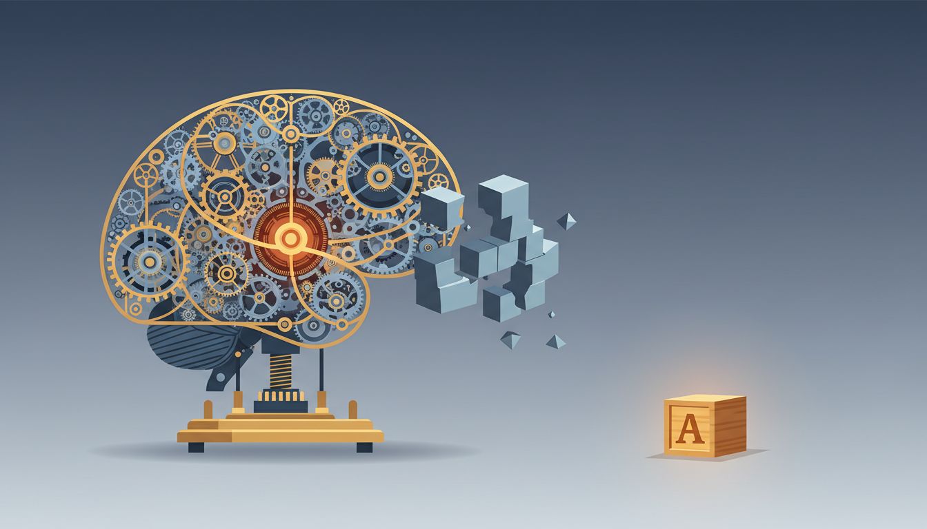 Illustration of a complex machine solving hard problems while ignoring a simple one