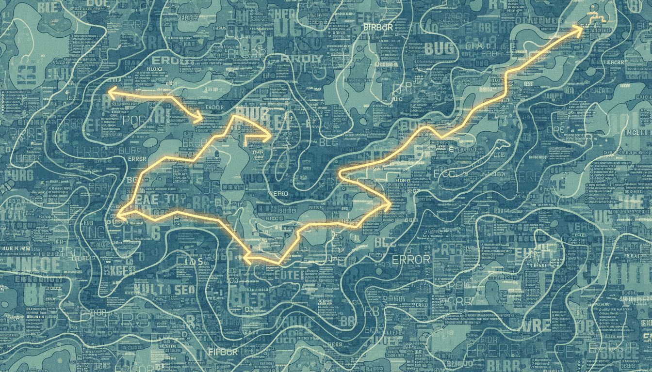 A topographic map rendered from error logs and bug reports, with a navigation path winding through it