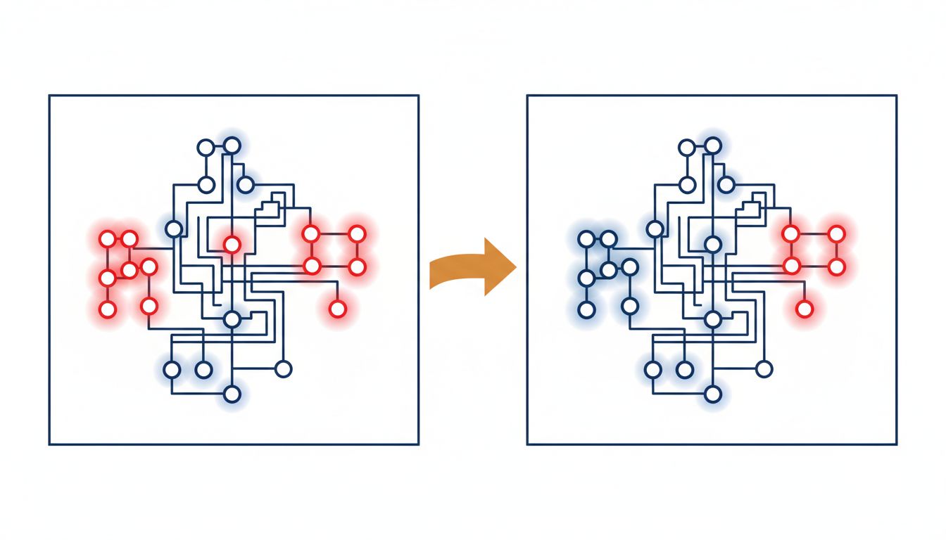 Diagram showing bug markers moving to different parts of a system after a fix is applied, rather than disappearing