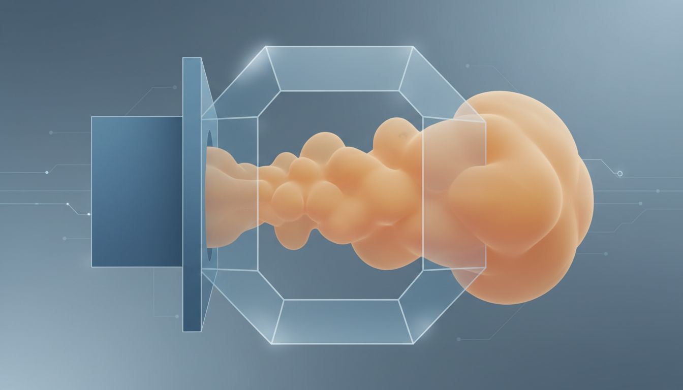 Abstract illustration of a contained substance being displaced from one chamber to another, representing how complexity moves through a system rather than disappearing