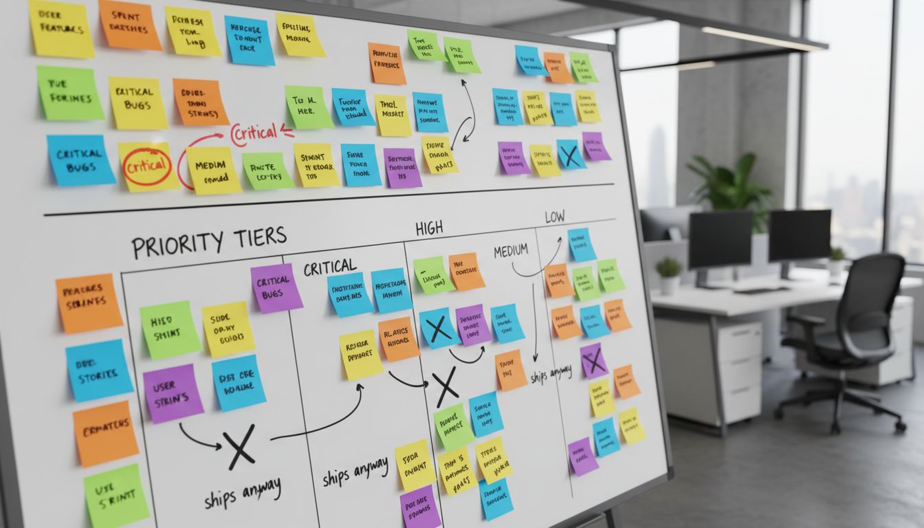 Product roadmap whiteboard showing bug triage and release priority decisions