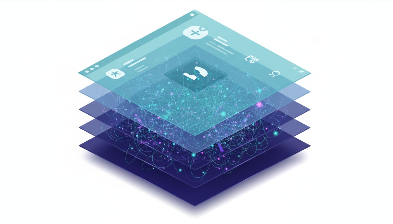 Layered isometric diagram showing clean UI surface over complex hidden algorithmic structure