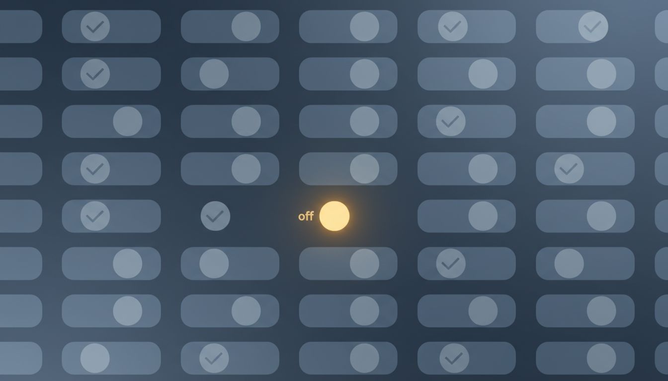 A field of identical toggle switches all defaulting to the same position, with one switched differently