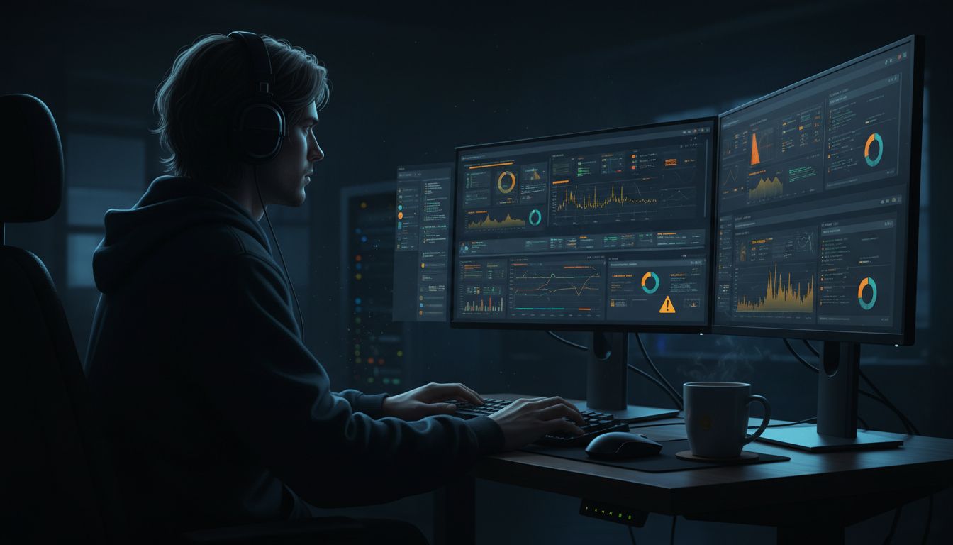 On-call engineer monitoring system dashboards late at night with warning indicators visible