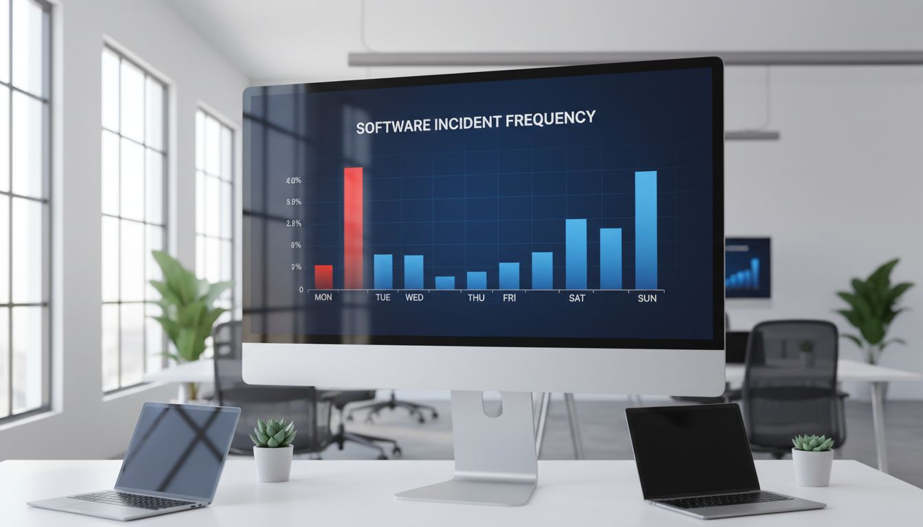 Bar chart showing software incident rates by day of week with Monday significantly higher than other days