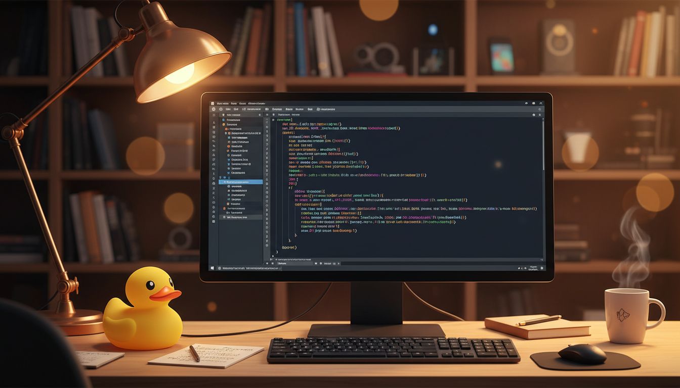 Rubber duck on developer desk next to monitor with code