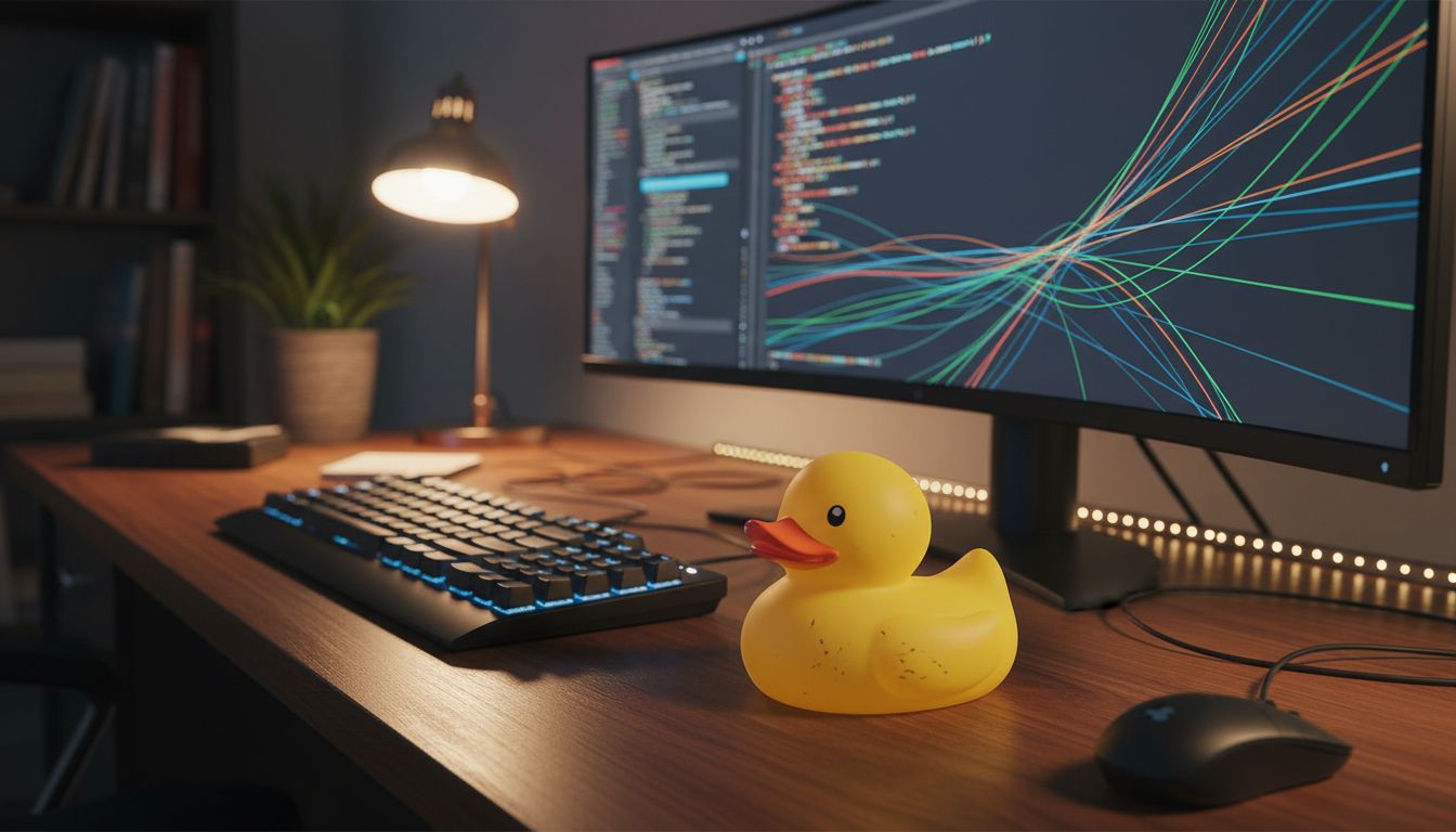 Yellow rubber duck sitting beside a keyboard and monitor showing code, used to illustrate rubber duck debugging
