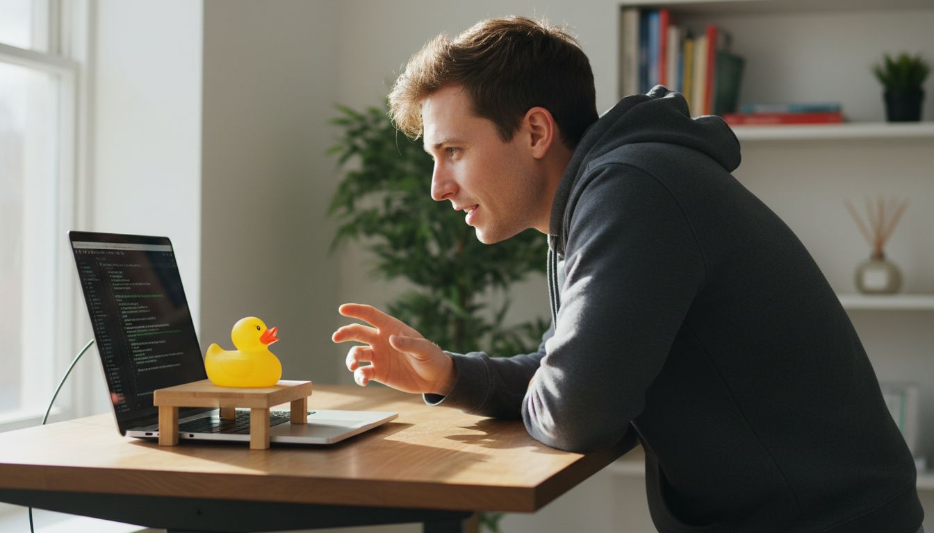Developer explaining code to a rubber duck placed next to their laptop