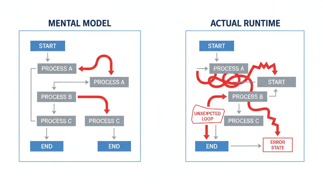 Diagram comparing an engineer's clean mental model of code flow to the messy actual runtime behavior