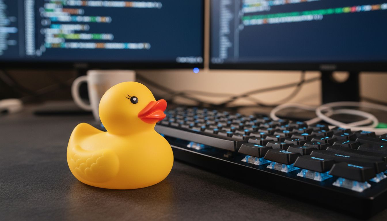 A rubber duck sitting on a programmer's desk next to a keyboard, with code visible on monitors in the background
