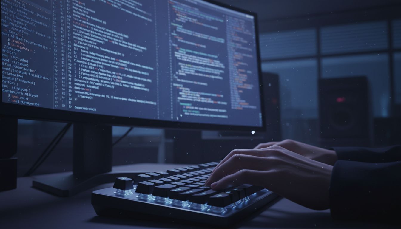 A developer working with dense, unreadable code on a monitor in a dark room