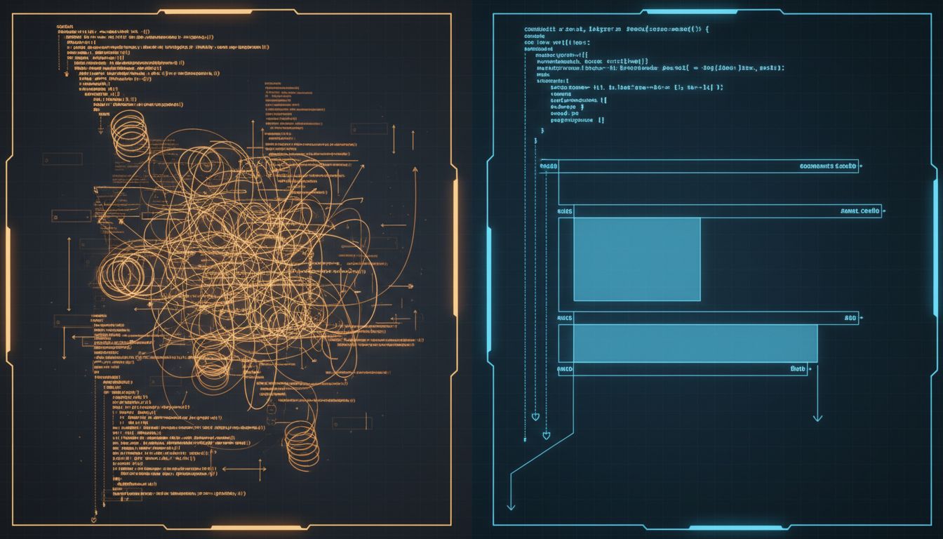Side by side comparison of a complex tangled codebase versus a clean minimal one